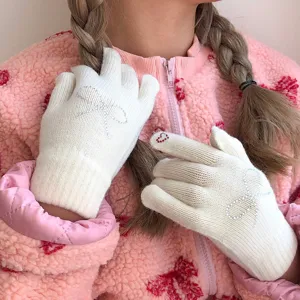 Women's winter cute knitted gloves with rhinestone bow five finger wool warm gloves main