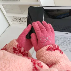 Women winter pink knit gloves with sparkling rhinestone bow touchscreen warm woolen mittens