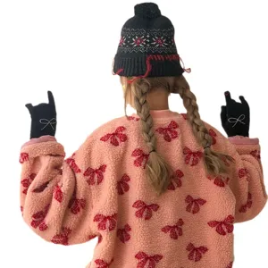 Winter cute bow knit gloves for women, stylish fleece warm five-finger woolen gloves.