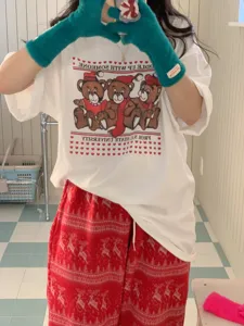 Cozy winter plush gloves and cute Christmas bear print sweatshirt set for women daily warm wear.