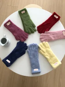 Winter fuzzy knit gloves, cute dopamine solid color warm plush touchscreen gloves for women.