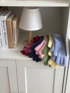 Plush winter gloves for women, colorful fuzzy touchscreen gloves for cold weather daily wear.