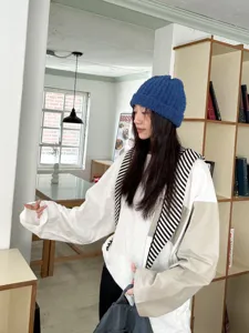 Women winter warm blue fuzzy knit beanie hat combined with black white striped scarf top