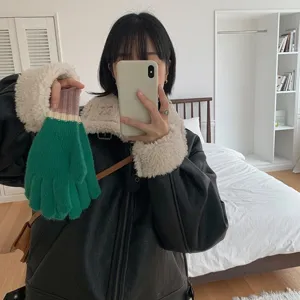 Women winter color block knit touchscreen gloves cute thick warm full finger knit gloves