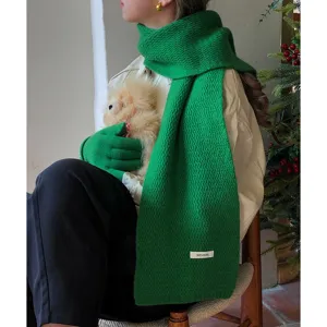 Green wool winter scarf and gloves set for women, cozy chic knitted neck warmer main image.