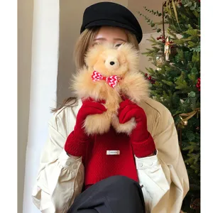 Winter warm red wool scarf for women, chic thick knit shawl and cozy cold weather apparel.