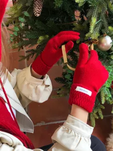Guantes de invierno de lana de punto rojo para mujer táctiles de color sólido pareja
