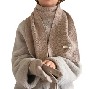 Classic winter women wool knit scarf and gloves set, warm and soft fashion accessory for daily.