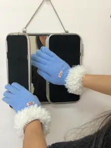 Women winter knit gloves touch screen warm wool plush cuff stylish blue winter gloves 2024