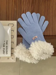 Winter warm knitted touch screen gloves with plush cuffs in light blue, cozy daily wear detail.