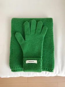 Conjunto detallado de guantes y bufanda de lana verde, accesorio cálido de invierno para mujer.