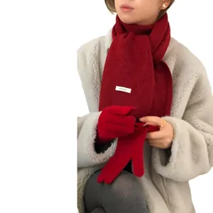 Winter red knitted wool scarf and gloves set for women, warm thick solid color neckerchief fashion.