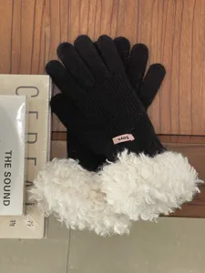 Women winter warm knit gloves black fleece cuff soft touch screen thermal gloves stylish daily wear