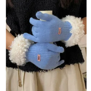 Winter warm knitted gloves for women, soft blue plush cuff five-finger touch screen gloves.