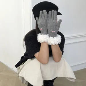 Women winter knit touchscreen gloves solid color wool warm soft plush cuff stylish outdoor wear