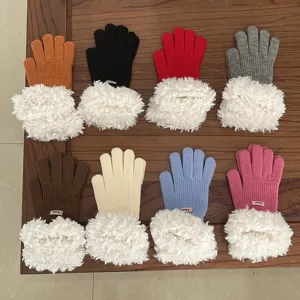 Winter warm knit gloves with fluffy plush cuffs, touchscreen five-finger thick thermal gloves.