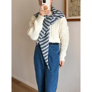 Bufanda triangular de punto a rayas estilo coreano, chal de invierno cálido para mujer.