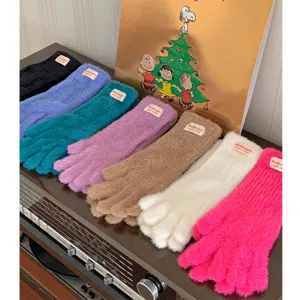 Women winter plush touchscreen gloves warm solid color fuzzy gloves dopamine fashion 1pc