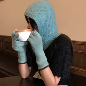 Conjunto de gorro pasamontañas de punto cálido de invierno estilo coreano y guantes.