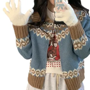 Winter warm fluffy touchscreen gloves and Nordic style knitted cardigan outerwear for women.
