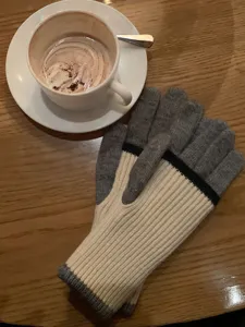 Gedetailleerd overzicht van gebreide handschoenen, met de zachte geribbelde textuur en grijs-wit.