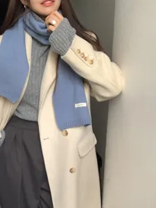Cozy winter solid color 100% wool scarf for women, elegant Korean style blue fashion shawl.