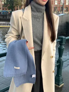 Winter 100% wool solid color scarf women high-end Korean style haze blue couple shawl