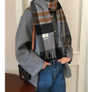 100% Wol Gerooste sjaal Met Kwastjes Zachte Warme Winter Geometrische Sjaal Mode Business Shawl Wraps Voor Heren Dames