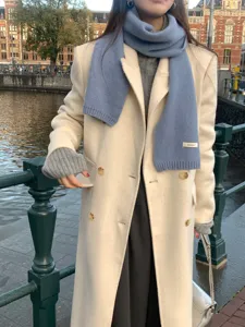 Solid color wool scarf for women winter, cozy haze blue shawl with elegant daily style.