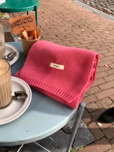 Detailed close-up view of the soft pink knitted wool scarf texture and premium material.