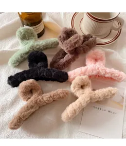 Plush hair claw clip for women, large winter fluffy shark hair catch, cozy hair styling accessory