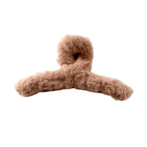 Winter plush hair claw clip, large brown faux fur shark clip for stylish daily hair.
