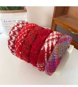 New year red headband tweed wide brim hair hoop festive hair accessories for women chic styling.