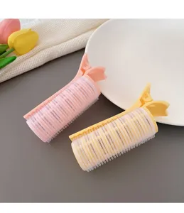 Set aus Kunststoff-Haarwurzelvolumen-Clips, Detailansicht von rosa und gelben Rollern.