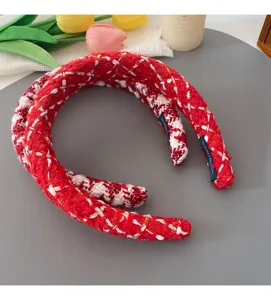 Red white tweed headband wide braided hair hoop sweet festive hair accessories for women and girls