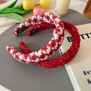 Red tweed hair hoop for women, festive wide brim headband, sweet stylish hair accessories.