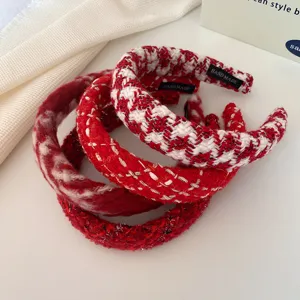 Red tweed headband stylish winter hair hoop sweet wide brim hair accessories for women new year.