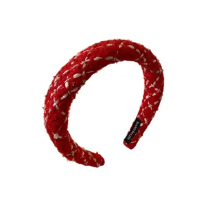 Festive red tweed headband for women, wide-brimmed hair hoop with metallic stitching for party.