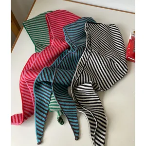 Korean Style Striped Scarf Hooded Hat Women Autumn Winter Warm Knit Yarn Integrated Hooded Scarf Cape Neck Warmer Beanie Cap