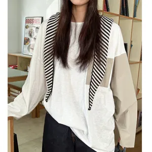 Womens casual striped hooded scarf long sleeve t-shirt fall winter fashion daily wear top