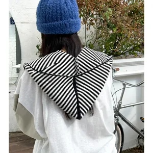 Women's Autumn Winter Striped Knitted Hooded Scarf Warm Beanie Shawl All-in-one Hat