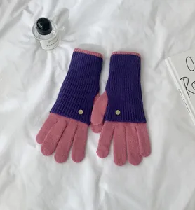 Colorblock knit gloves for women and men, long warm winter gloves with metal button details.