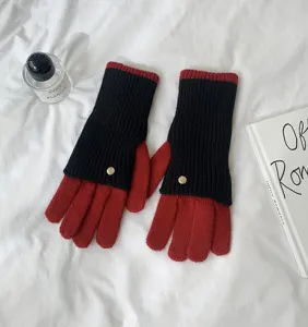Knitted color block gloves long warm winter gloves red and black cozy winter gloves for daily wear