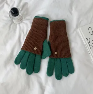 Two-tone knit gloves for women winter warm contrast color woolen mittens cozy outdoor gear