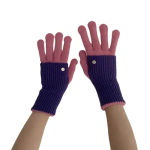 Color-block knit gloves for winter warm touch screen long cuff cute fashion cozy daily wear