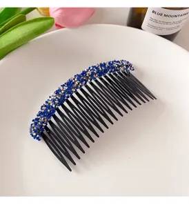 Sparkling blue rhinestone hair comb, elegant black insert comb for women hair styling item.