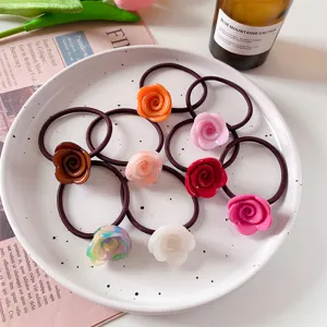 Franse Vintage Acetaat Roos Bloem Haarelastiek Elegant Stereoskopisch Floraal Elastisch Rubberen Band Ponytail Houder Voor Dames