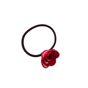 Frans vintage acetaat roos haar elastiek, elegante rode bloem paardenstaart haarband.