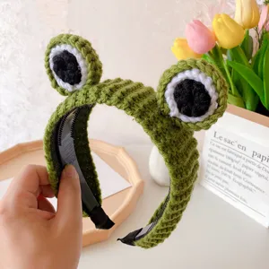 Green knitted frog headband cute plush hair hoop face washing hair accessory for women daily wear
