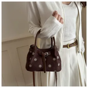 Bruine polkadot emmertas met gesp, retro schoudertas handtas voor dagelijks pendelen.